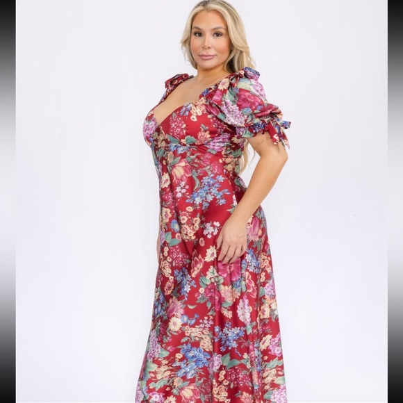 NWT Plus Size Wine Floral Puff Sleeve Baby Doll Maxi Dress XL Feminine Romantic - Picture 3 of 10